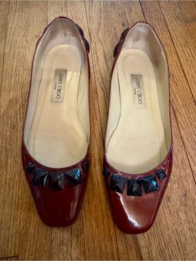 Jimmy Choo Burgundy Patent Leather Stud-Embellished Ballet Flats - size 40